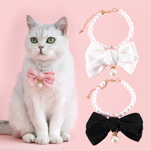 Chat portant un collier nœud rose avec deux colliers nœud-cou en perles et nœuds sur fond rose

