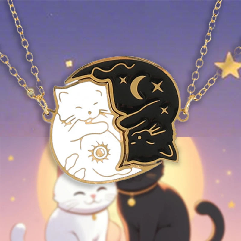 Collier chat noir et blanc en acier inoxydable