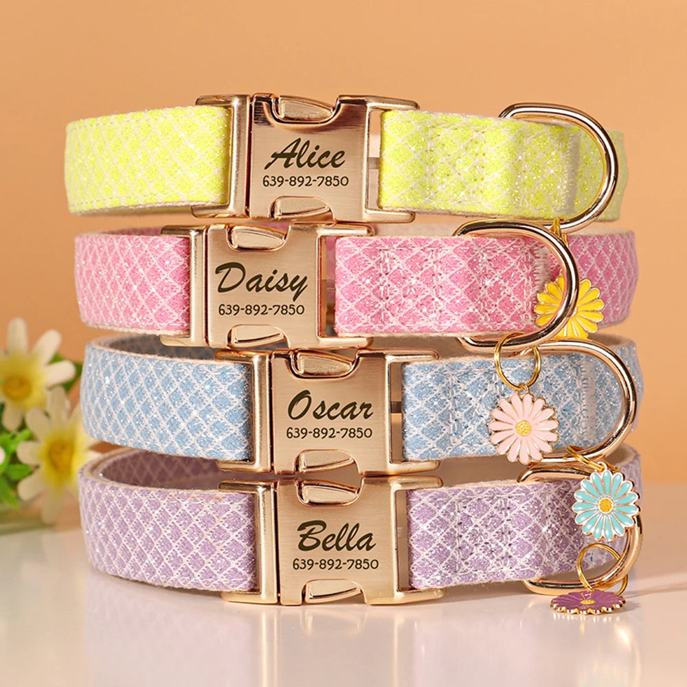 Stack of colorful pet collars with engraved names and phone numbers on a beige background.

