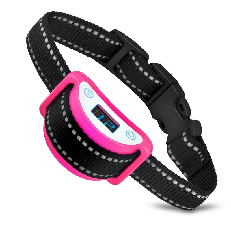 Collier noir pour chien avec un appareil électronique rose sur fond blanc

