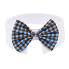 Nœud papillon à carreaux avec un motif bleu et marron sur fond blanc


