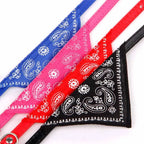 Quatre bandanas bleu, rose, rouge et noir avec des motifs cachemire blancs sur fond blanc.