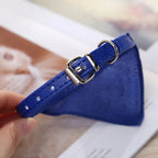 Collier en cuir bleu avec boucle argentée tenu par une main sur un fond flou
