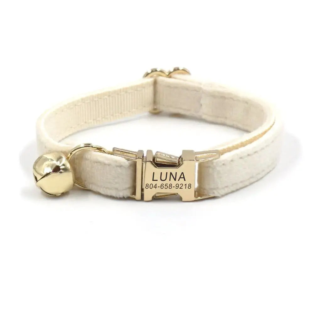 Collier pour chien avec clochette dorée et plaque nominative gravée sur fond blanc

