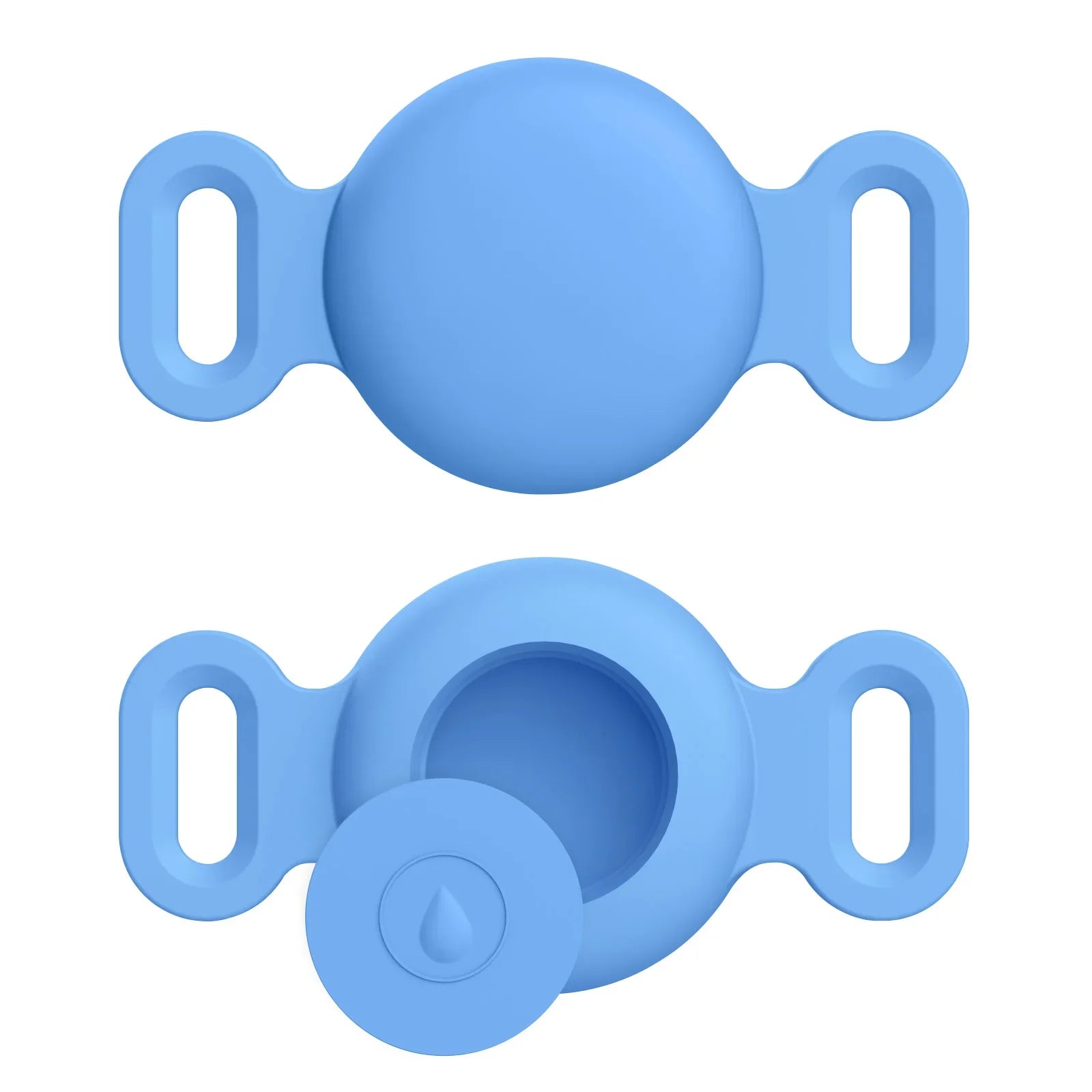 Deux pinces en silicone bleu sur fond blanc
