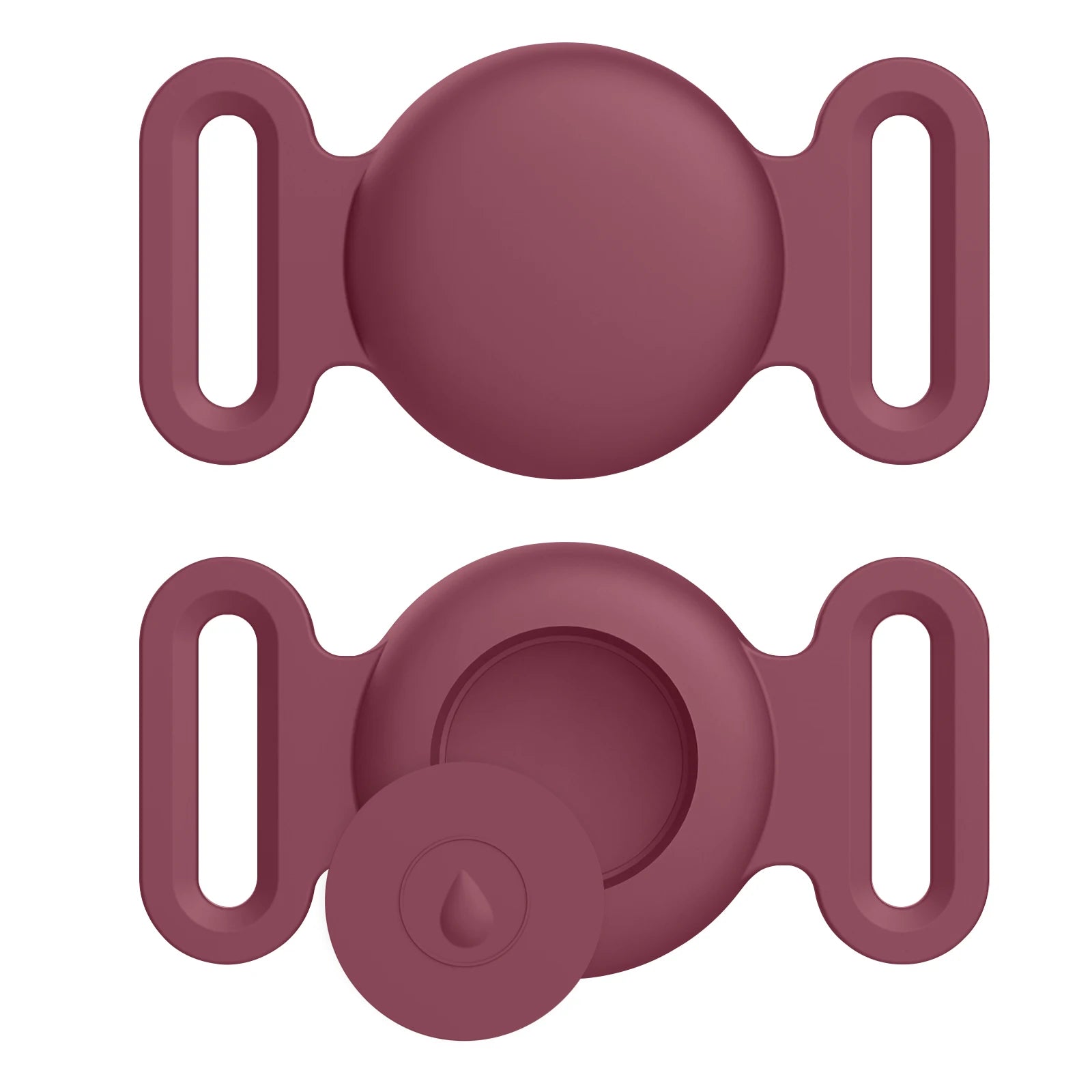 Deux dessous de verre en silicone violet avec support sur fond blanc
