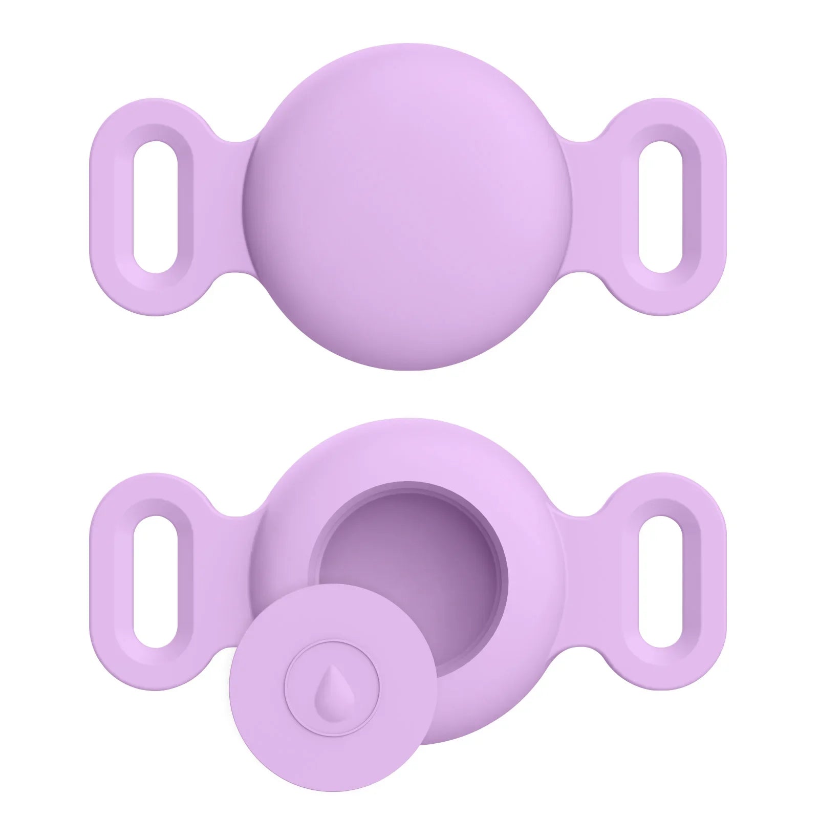 Deux pinces en silicone violette sur fond blanc
