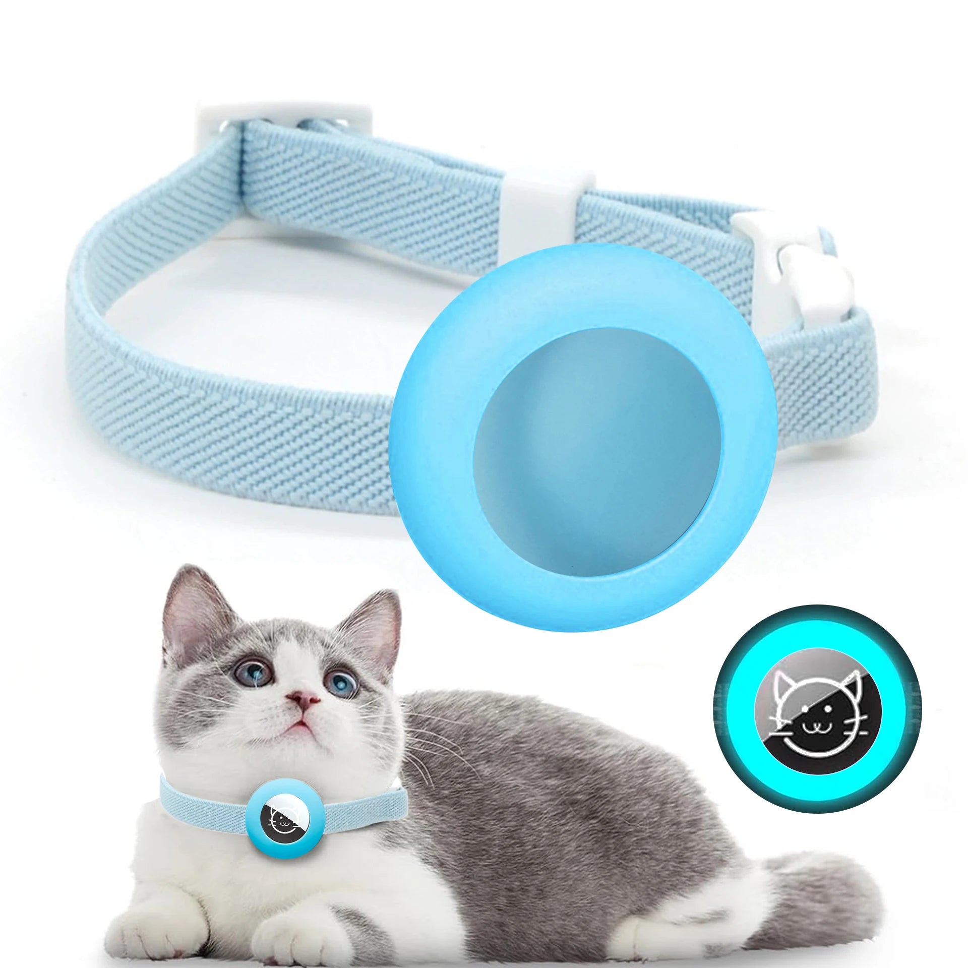 Collier pour chat avec un appareil électronique bleu sur fond blanc

