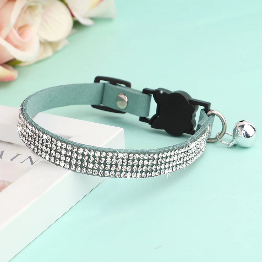 Collier pour chat orné de strass sur une surface bleu clair avec des fleurs en arrière-plan

