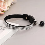 Collier noir pour chat avec des strass sur une surface grise et des fleurs en arrière-plan

