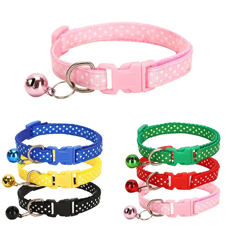 Ensemble de colliers pour chats colorés à pois avec des clochettes sur fond blanc

