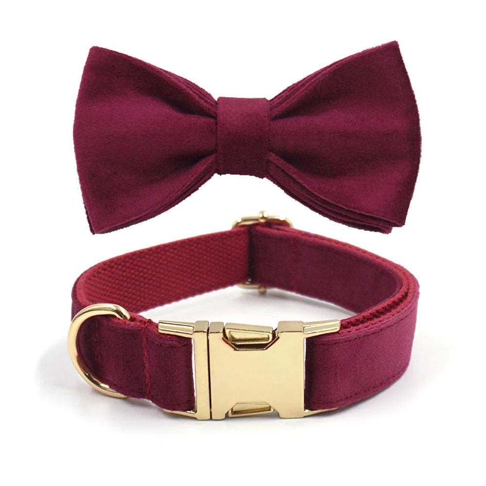 Nœud papillon bordeaux et col sertis avec boucle dorée sur fond blanc


