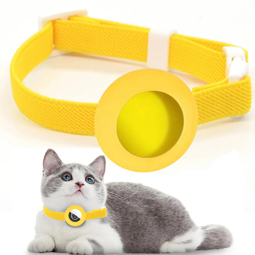 Collier jaune pour animaux avec un motif circulaire sur fond blanc, représentant un chat portant le collier.

