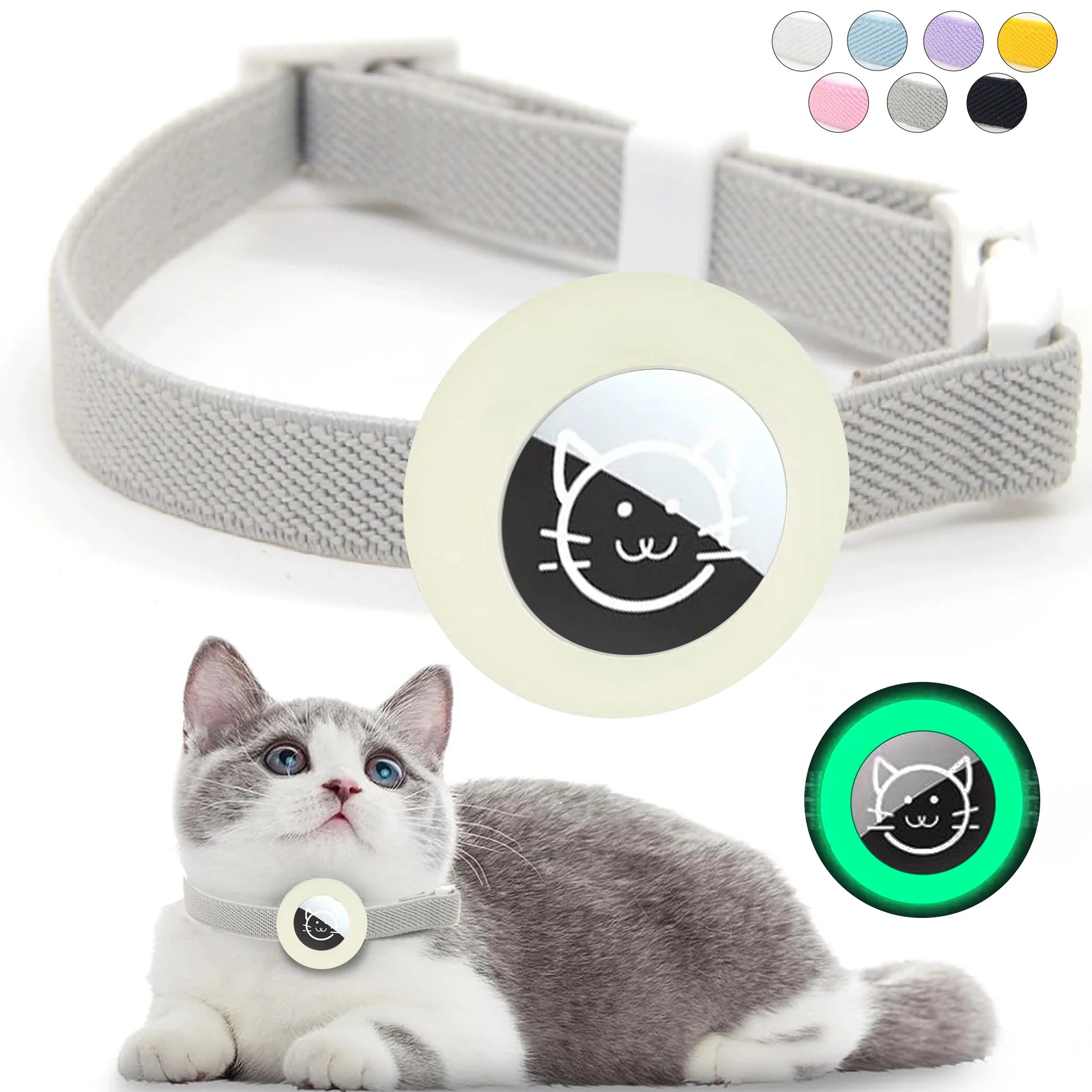 Collier pour chat avec un accessoire lumineux rond arborant un visage de chat, affiché sur un fond blanc.

