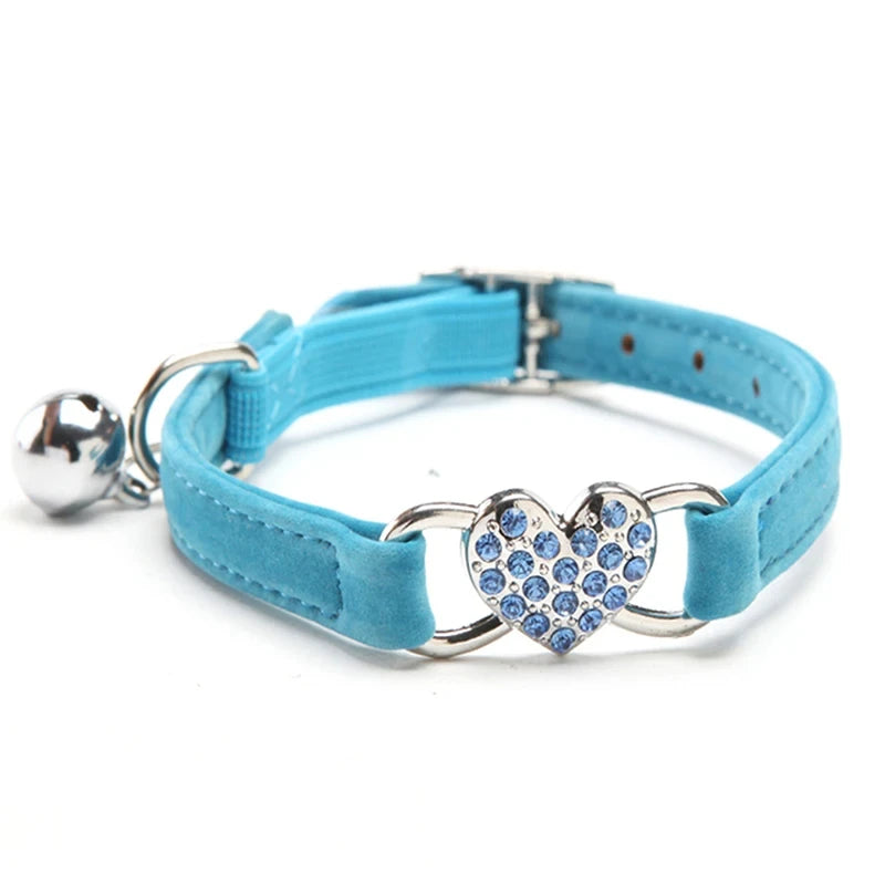 Collier bleu pour chat avec une boucle en forme de strass sur fond blanc

