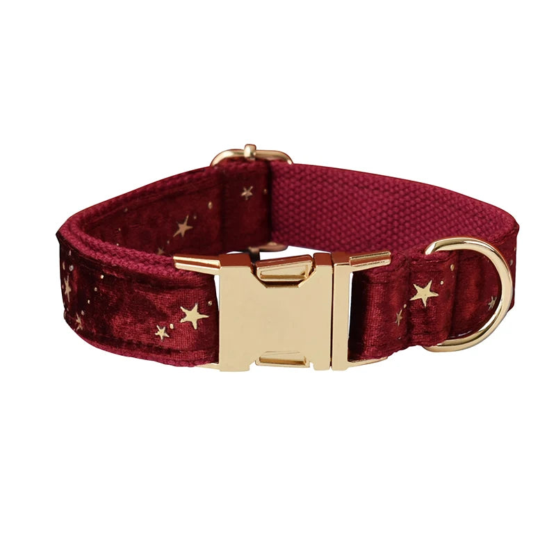 Collier rouge avec boucle dorée et motif d’étoiles sur fond blanc

