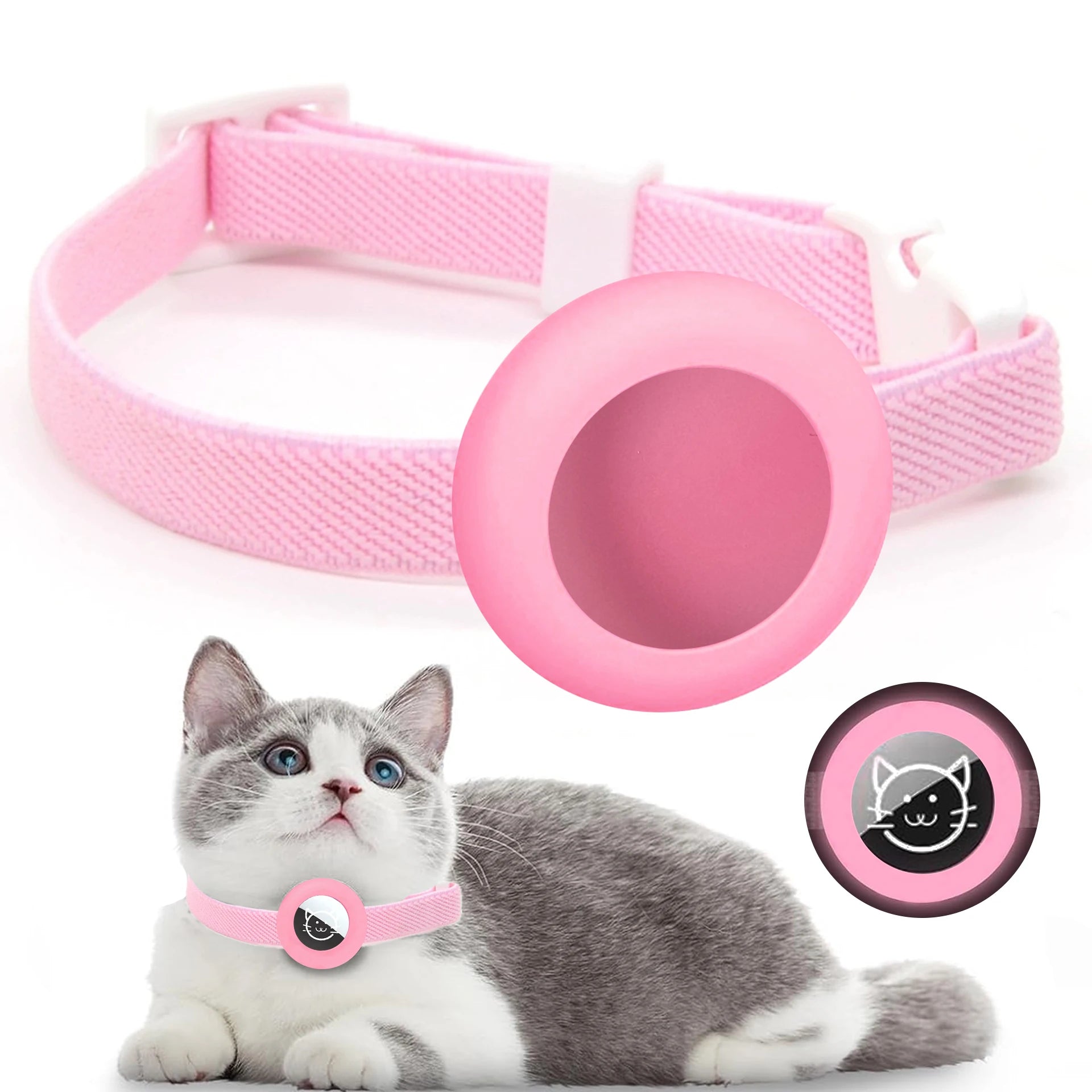 Collier rose avec un petit dispositif rond, représentant un chat portant le collier.

