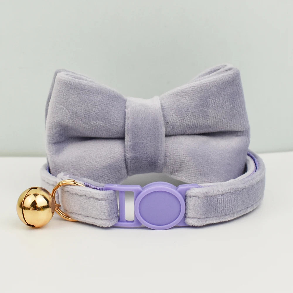 Nœud papillon en velours gris avec une clochette dorée et une boucle violette sur fond gris clair

