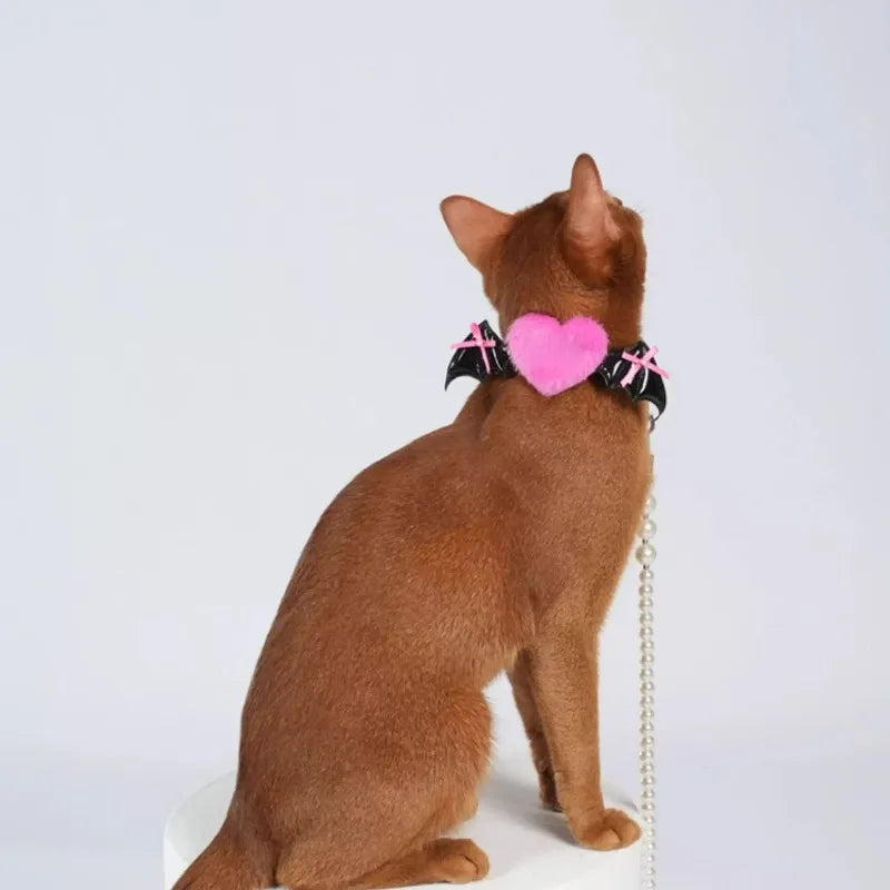 Chat portant un collier rose en forme de cœur avec un fond blanc

