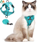 Chat portant un harnais bleu sarcelle avec une laisse assortie, marqué 'ATUBAN'.

