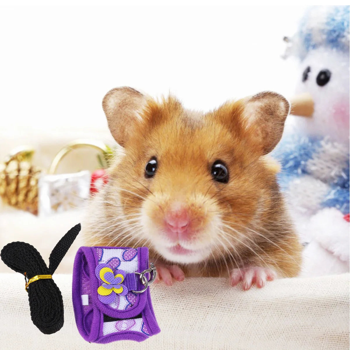 Hamster avec un harnais violet et un jouet à queue noire sur fond blanc
