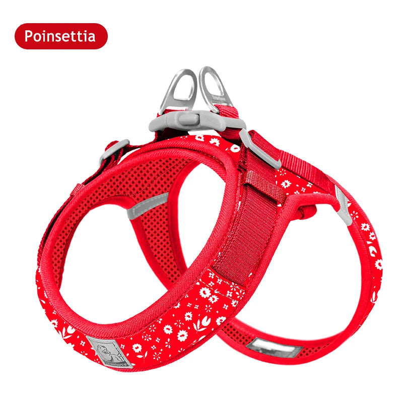 Harnais pour chien à motifs floraux rouges sur fond blanc avec la marque « Poinsettia ».
