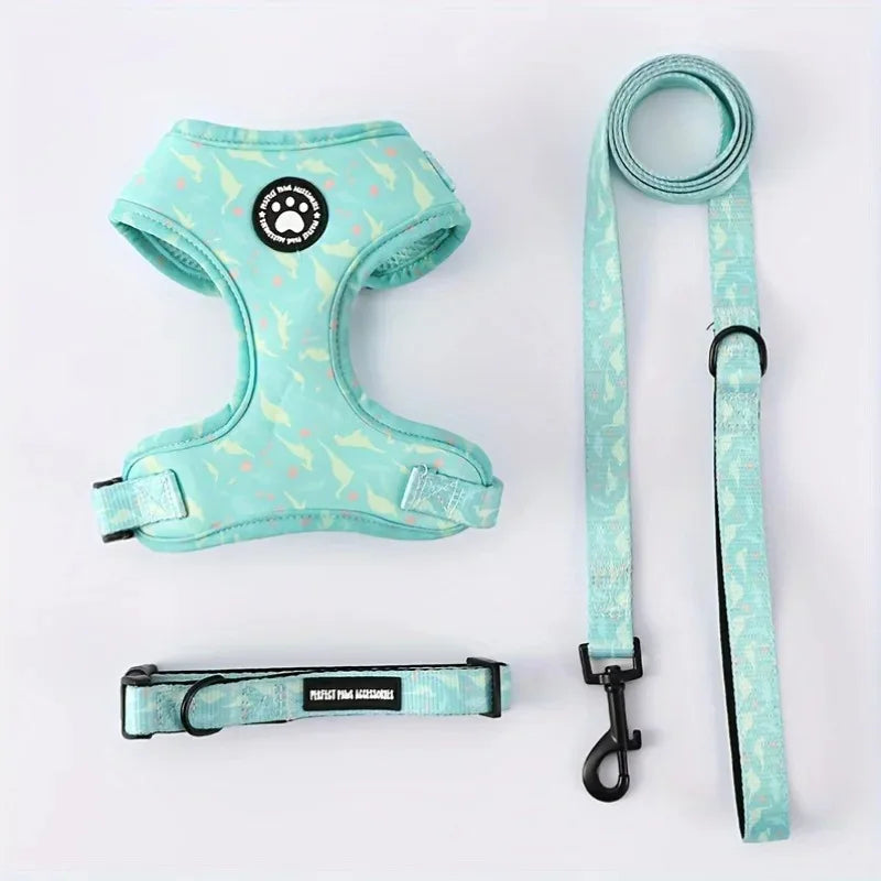 Harnais, laisse et collier pour animaux avec un motif bleu clair sur fond blanc
