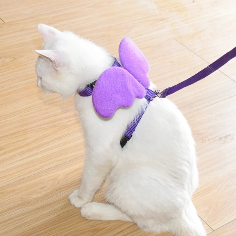 Chat blanc portant un harnais violet et des ailes de papillon sur un sol en bois


