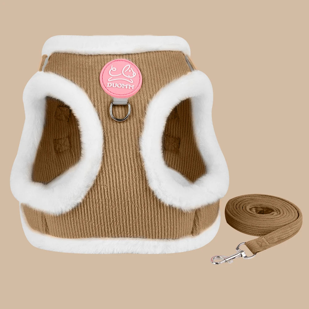 Harnais marron avec doublure en fourrure blanche et laisse assortie sur fond beige

