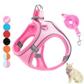 Harnais et laisse roses pour chats avec un chat portant le harnais sur fond blanc.

