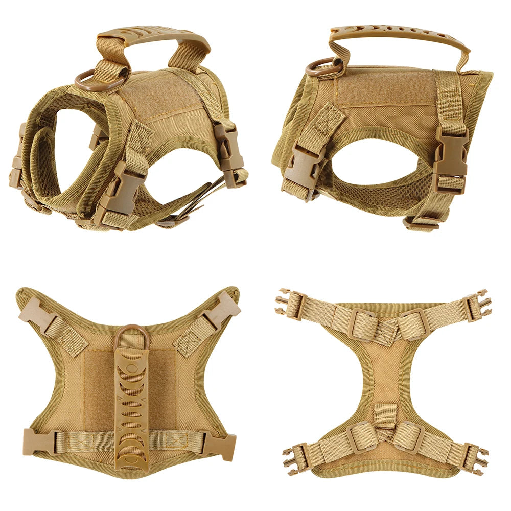 Quatre vues d’un harnais tactique beige pour chien sur fond blanc

