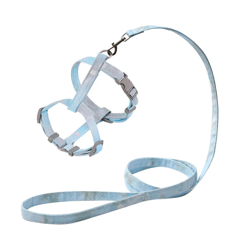 Harnais et laisse pour animal avec un motif bleu clair sur fond blanc

