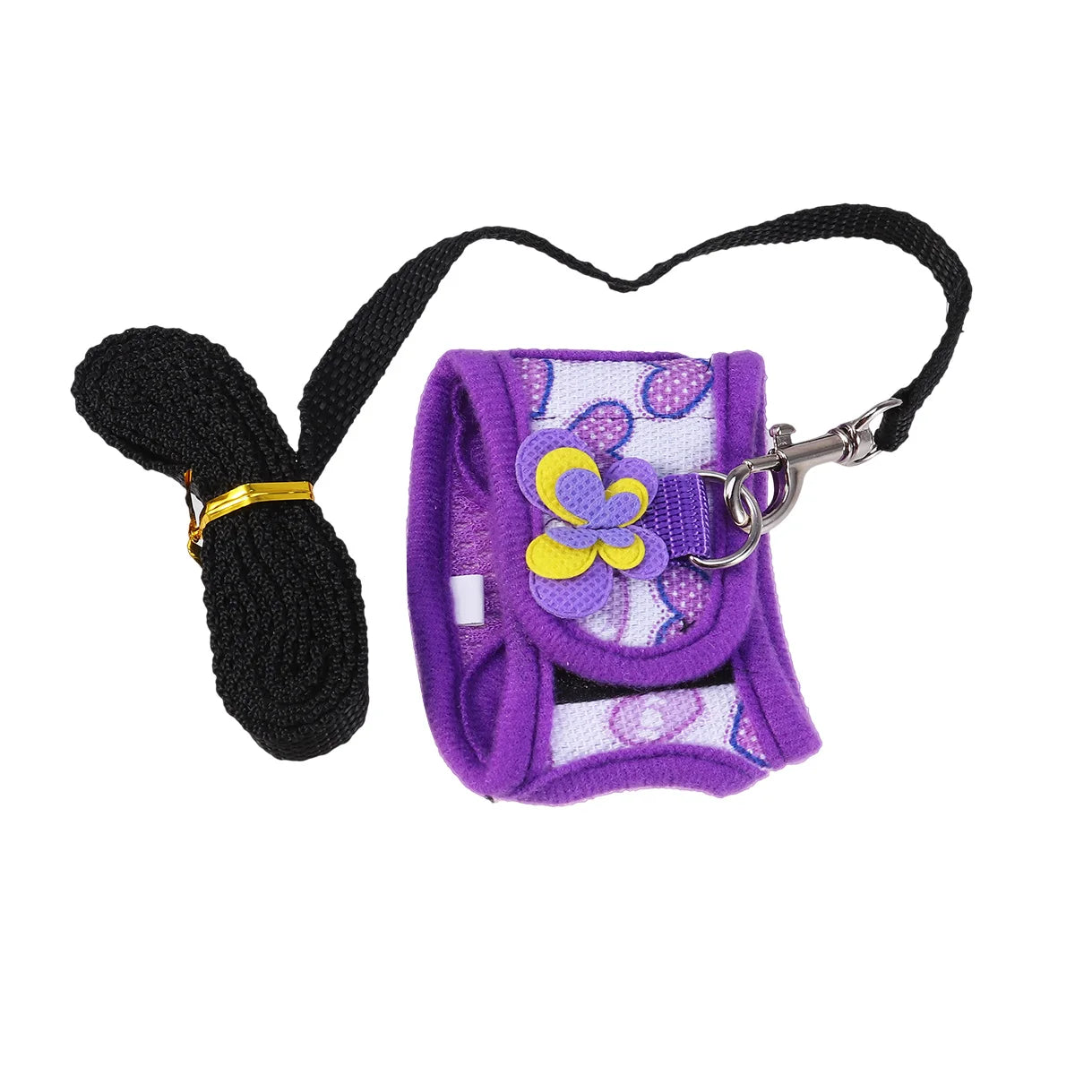 harnais violet avec motif papillon et laisse noire sur fond blanc
