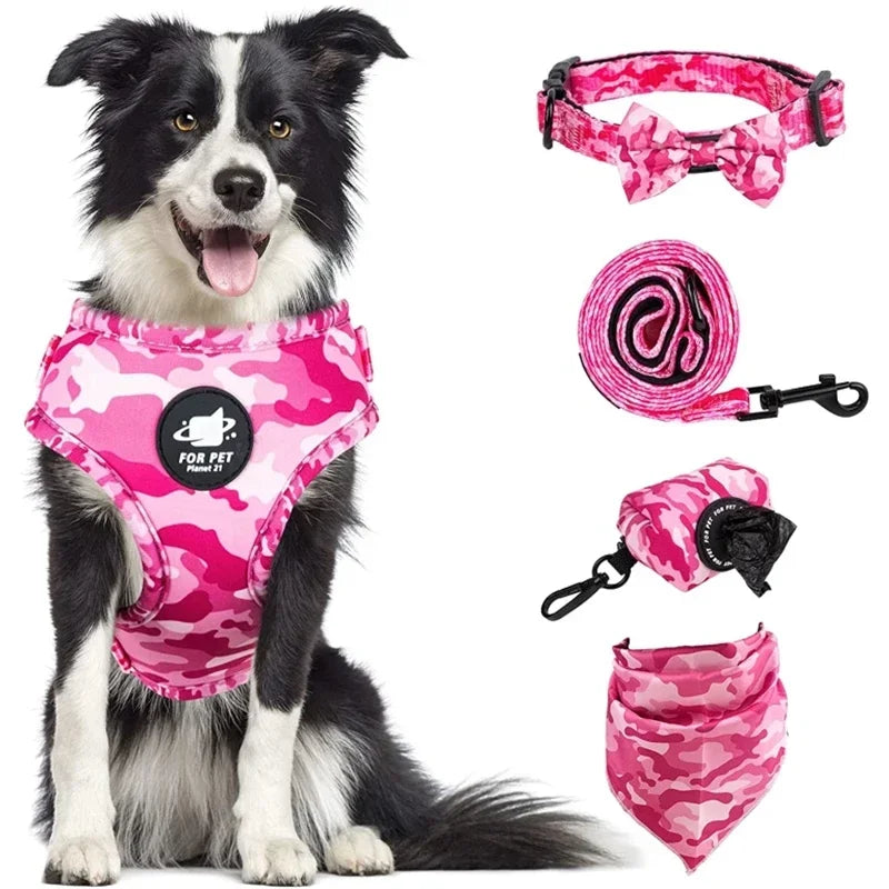 Chien portant un harnais de camouflage rose avec collier, laisse et bandana assortis sur fond blanc

