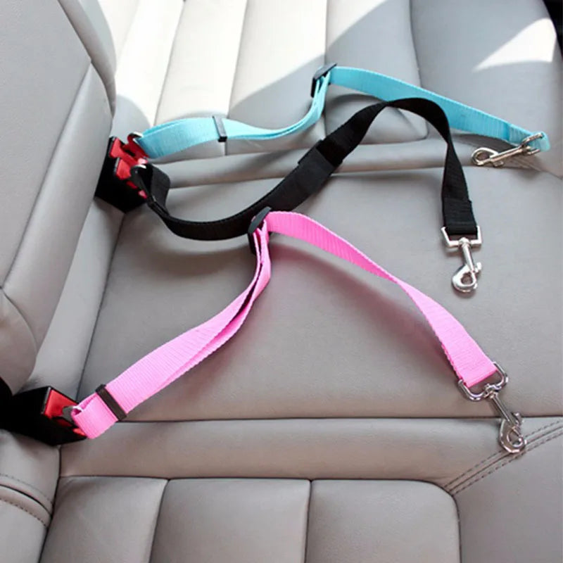 Laisse rose et noire pour chien avec poignée bleue sur siège auto.

