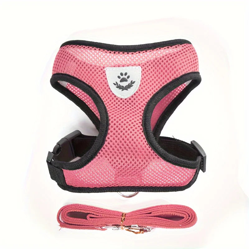 Harnais rose pour chien avec sangles noires et laisse assortie sur fond blanc

