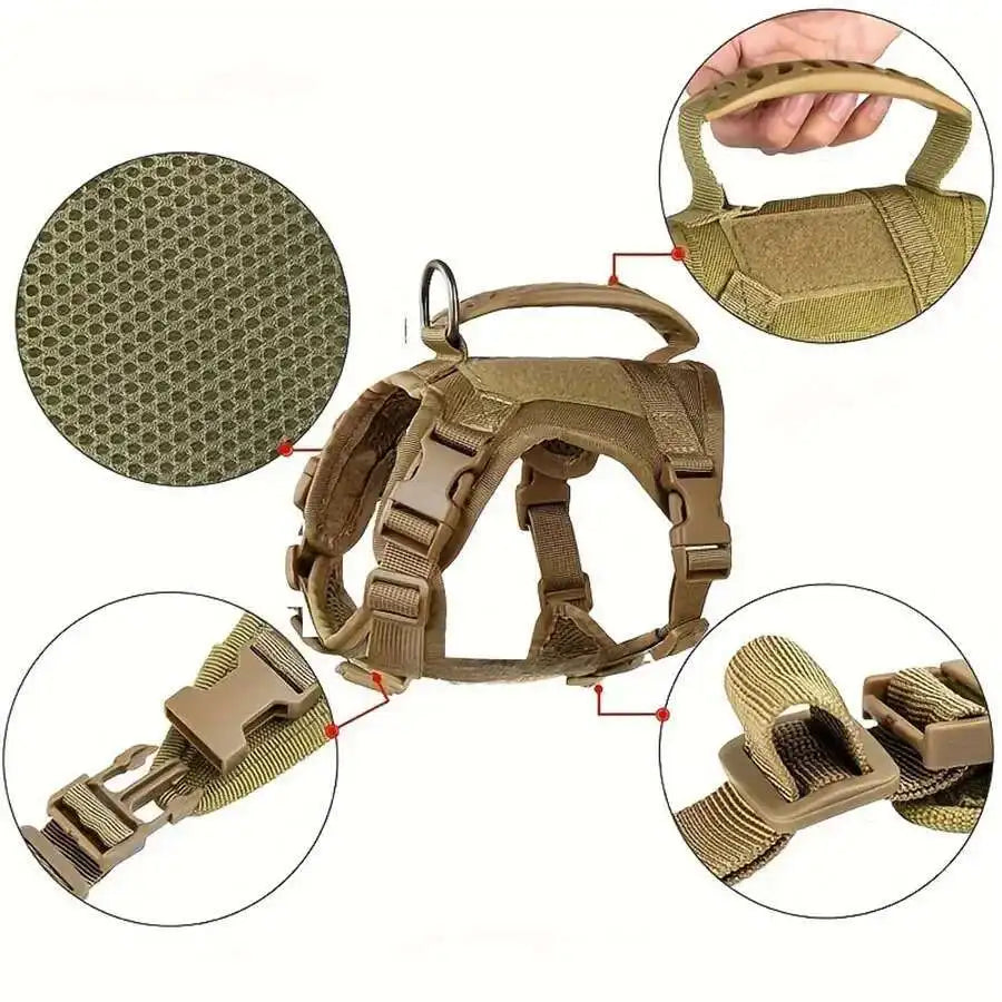 Harnais tactique pour chien avec détails rapprochés sur fond blanc

