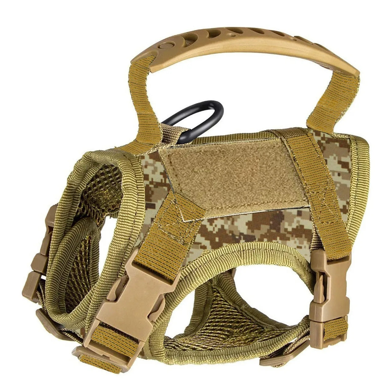 Harnais de chien camouflage avec plusieurs sangles sur fond blanc

