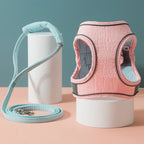 Harnais rose et laisse bleue sur des supports cylindriques blancs sur fond bleu sarcelle

