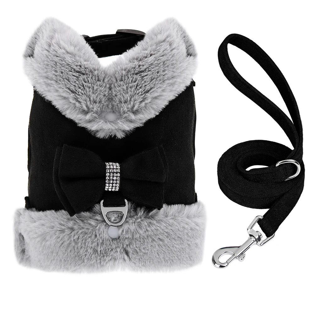 Harnais noir pour chat avec collier en fourrure grise et nœud pappillon, accompagné d’une laisse noire sur fond blanc.

