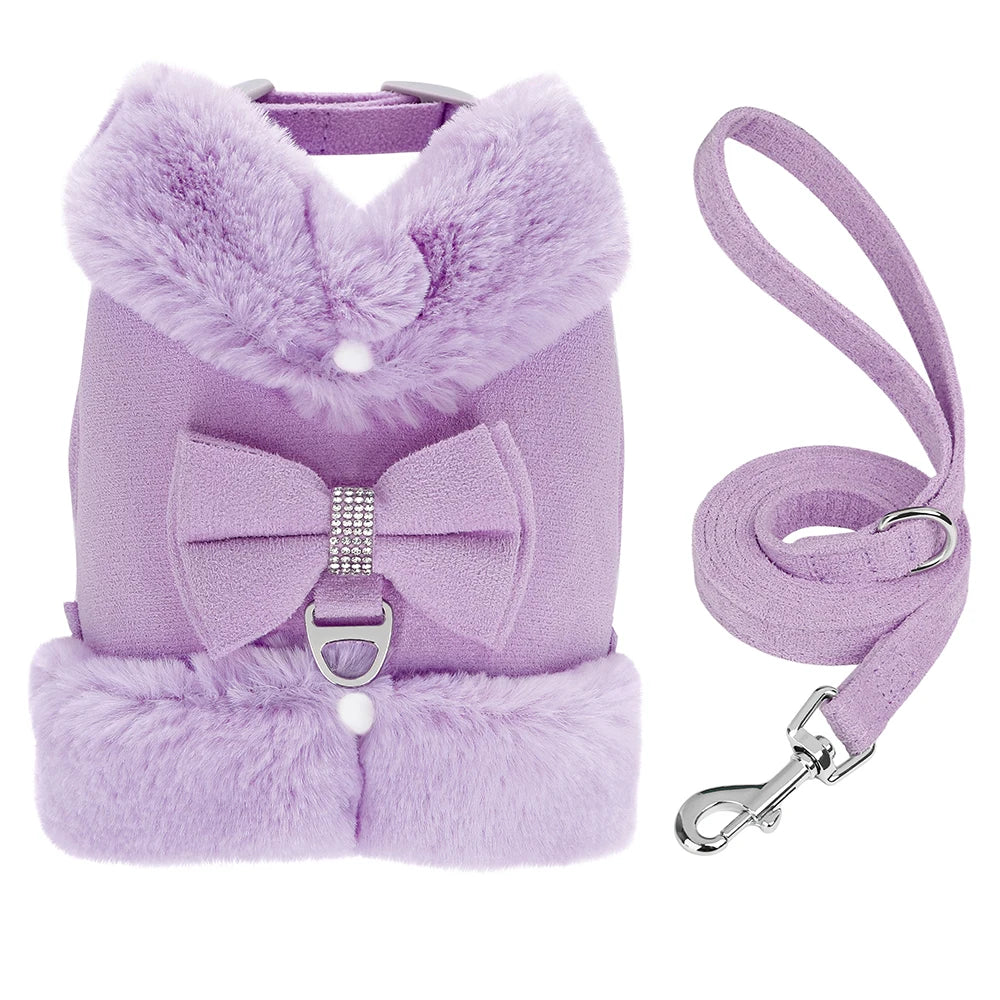 Harnais violet avec des bordures moelleuses et laisse assortie sur fond blanc

