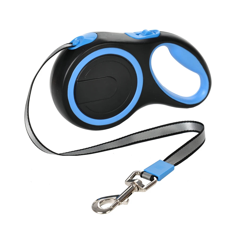 Laisse rétractable pour chien avec un motif noir et bleu sur fond blanc

