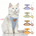Chat blanc portant un harnais bleu avec différentes options de couleurs affichées sur un fond blanc

