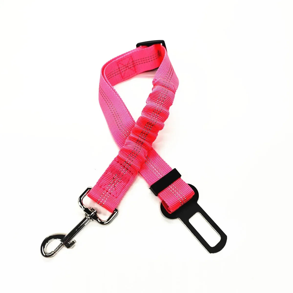 Laisse rose pour chien avec pince noire et mousqueton sur fond blanc

