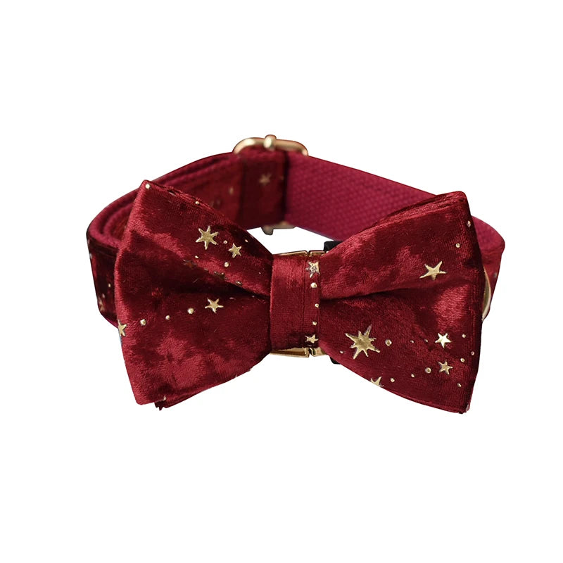 Nœud papillon rouge avec motifs d’étoiles dorées sur fond blanc

